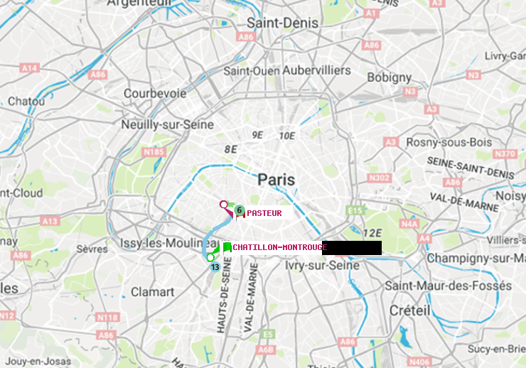 plan itinéraire ratp de Châtillon Montrouge à Pasteur