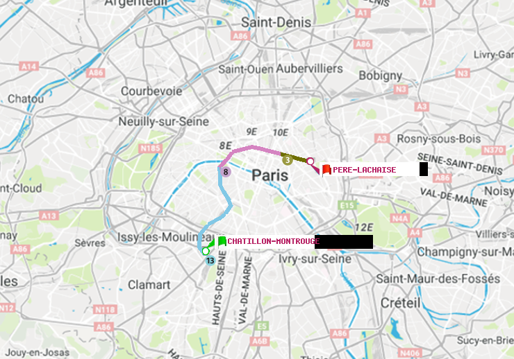 plan itinéraire ratp de Châtillon Montrouge à Père-Lachaise