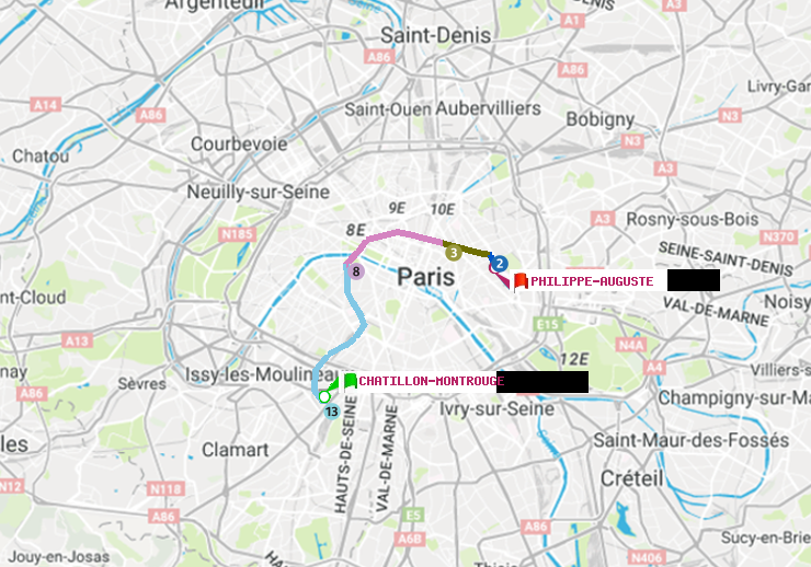 plan itinéraire ratp de Châtillon Montrouge à Philippe Auguste