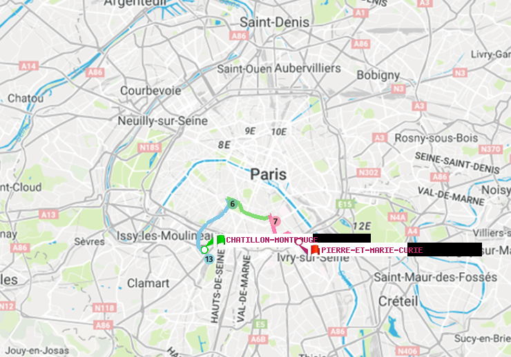 plan itinéraire ratp de Châtillon Montrouge à Pierre et Marie Curie