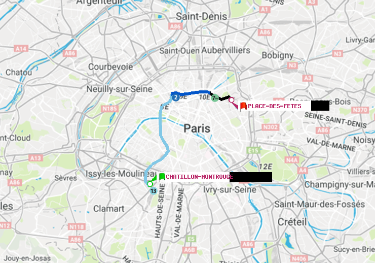 plan itinéraire ratp de Châtillon Montrouge à Place des Fêtes