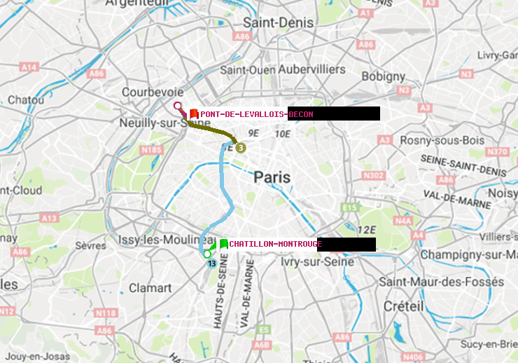 plan itinéraire ratp de Châtillon Montrouge à Pont de Levallois-Bécon