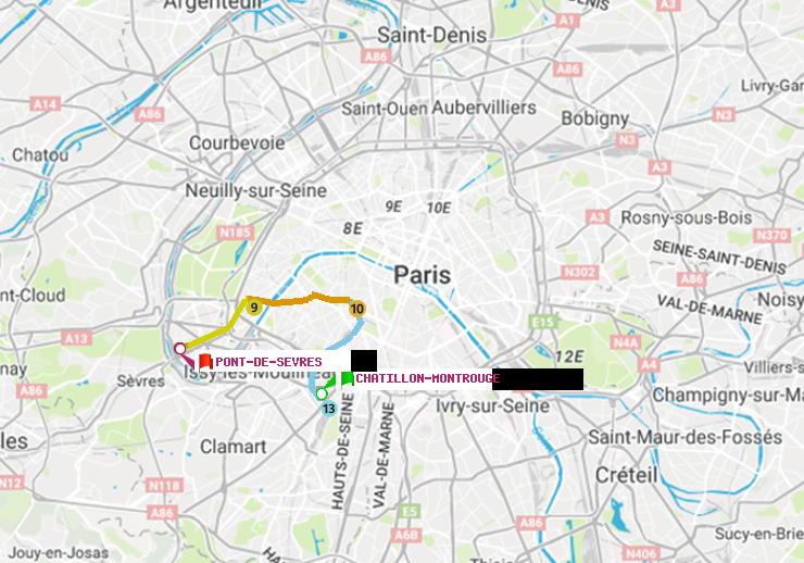 plan itinéraire ratp de Châtillon Montrouge à Pont de Sèvres