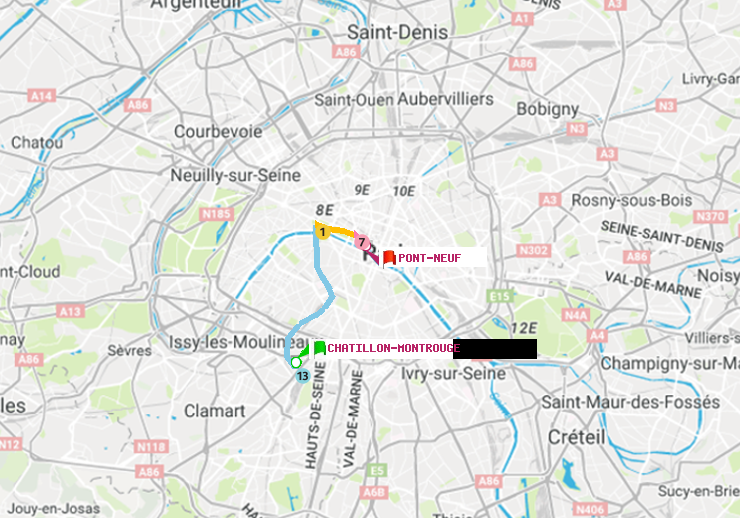 plan itinéraire ratp de Châtillon Montrouge à Pont Neuf
