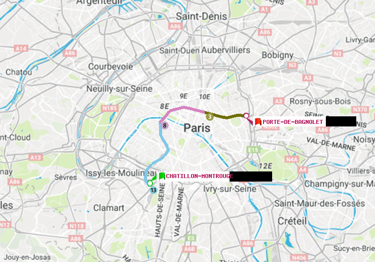 plan itinéraire ratp de Châtillon Montrouge à Porte de Bagnolet