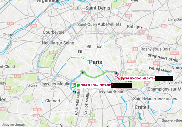 plan itinéraire ratp de Châtillon Montrouge à Porte de Charenton