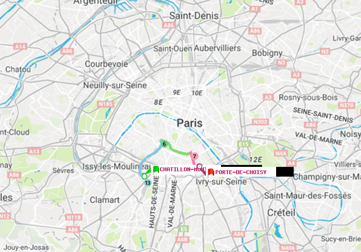 plan itinéraire ratp de Châtillon Montrouge à Porte de Choisy