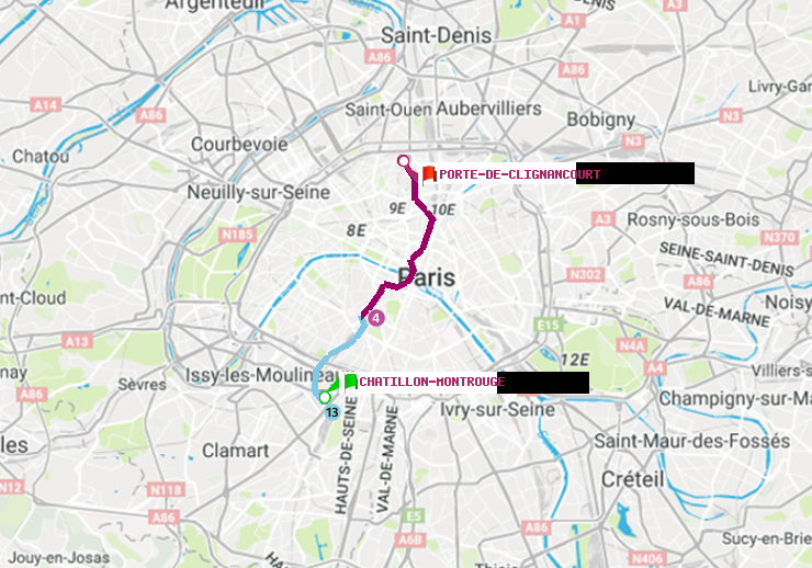 plan itinéraire ratp de Châtillon Montrouge à Porte de Clignancourt