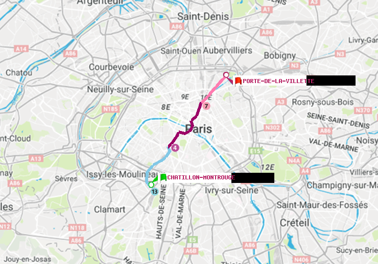 plan itinéraire ratp de Châtillon Montrouge à Porte de la Villette