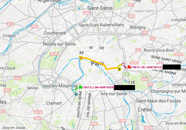 plan itinéraire ratp de Châtillon Montrouge à Porte de Montreuil