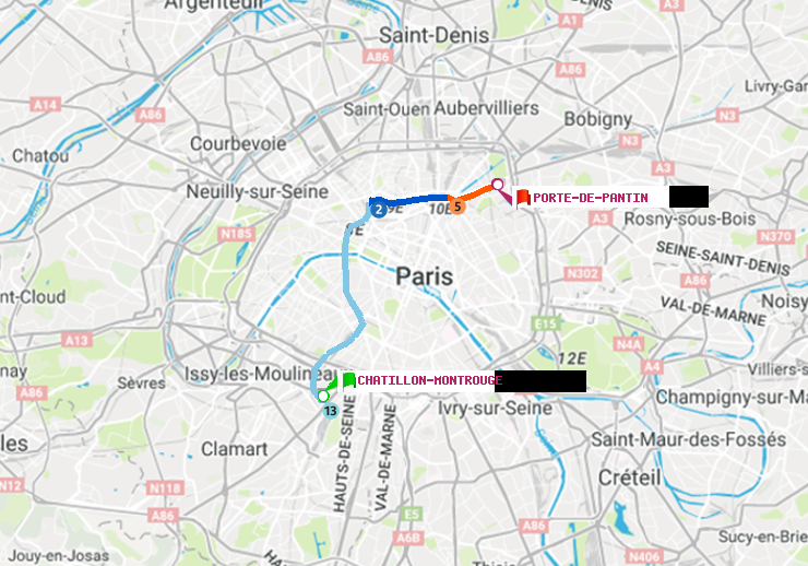 plan itinéraire ratp de Châtillon Montrouge à Porte de Pantin