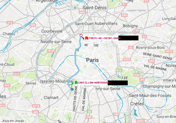 plan itinéraire ratp de Châtillon Montrouge à Porte de Saint-Ouen