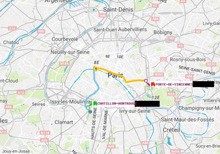 plan itinéraire ratp de Châtillon Montrouge à Porte de Vincennes