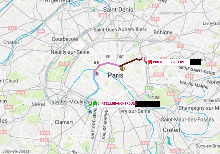 plan itinéraire ratp de Châtillon Montrouge à Porte des Lilas