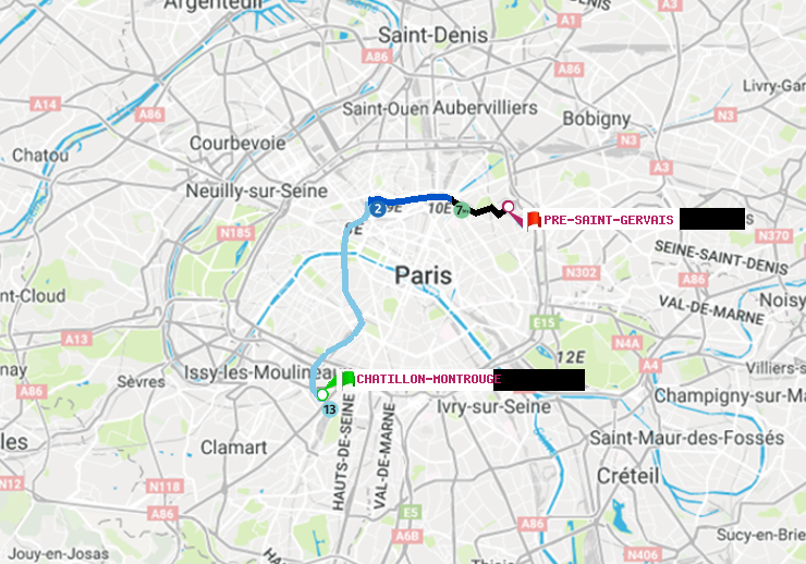 plan itinéraire ratp de Châtillon Montrouge à Pré-Saint-Gervais