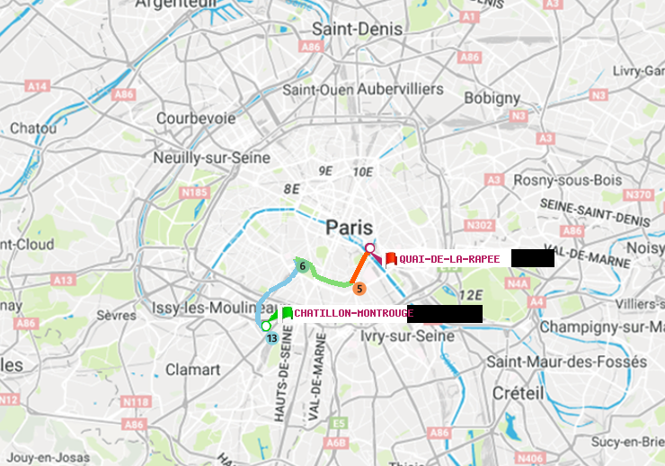 plan itinéraire ratp de Châtillon Montrouge à Quai de la Rapée