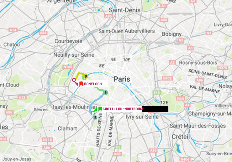 plan itinéraire ratp de Châtillon Montrouge à Ranelagh