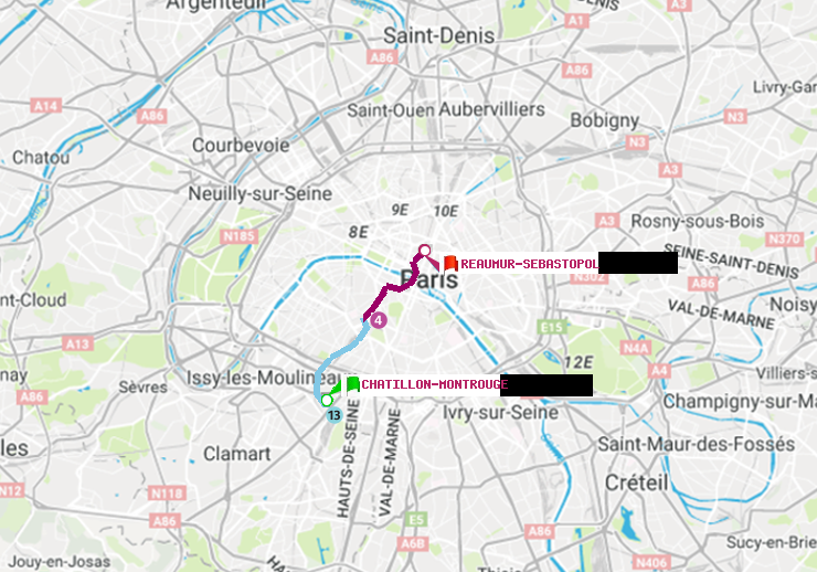 plan itinéraire ratp de Châtillon Montrouge à Réaumur-Sébastopol