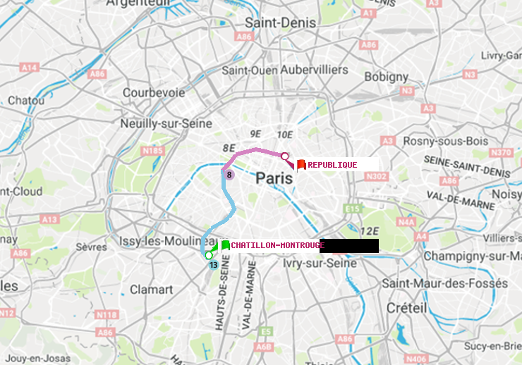 plan itinéraire ratp de Châtillon Montrouge à République