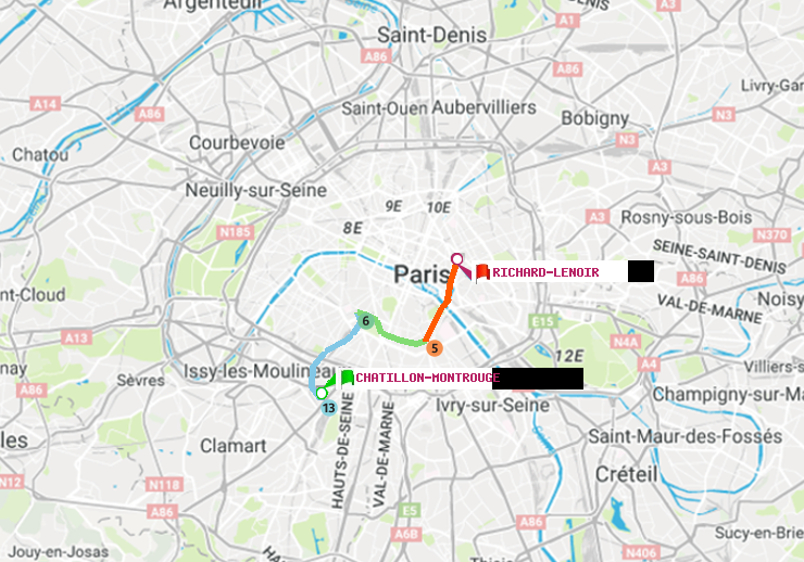 plan itinéraire ratp de Châtillon Montrouge à Richard-Lenoir