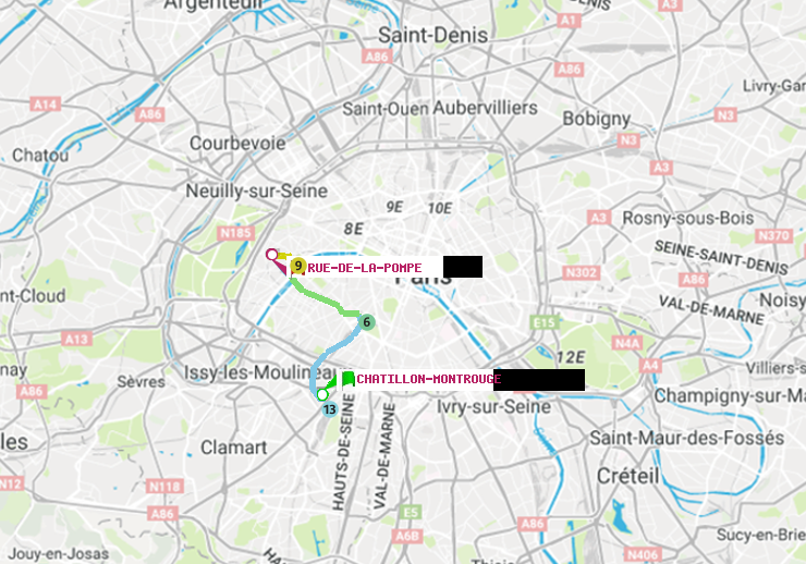 plan itinéraire ratp de Châtillon Montrouge à Rue de la Pompe (Avenue Georges Mandel)