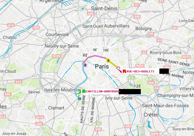 plan itinéraire ratp de Châtillon Montrouge à Rue des Boulets