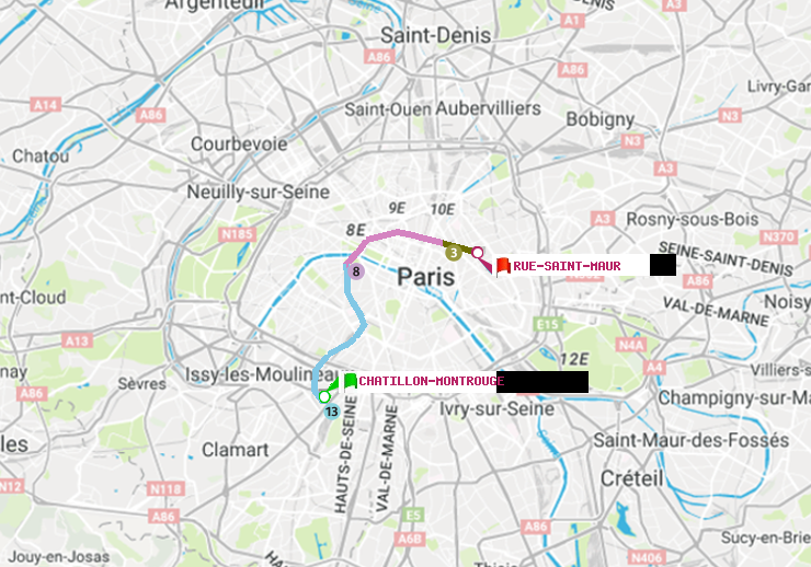 plan itinéraire ratp de Châtillon Montrouge à Rue Saint-Maur