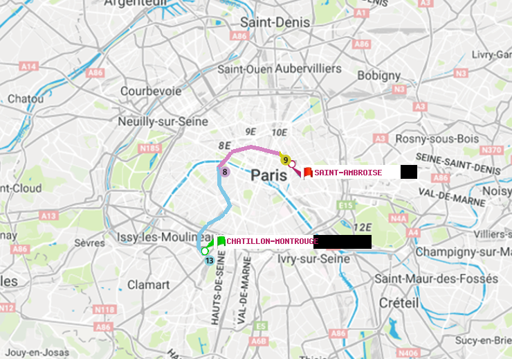 plan itinéraire ratp de Châtillon Montrouge à Saint-Ambroise