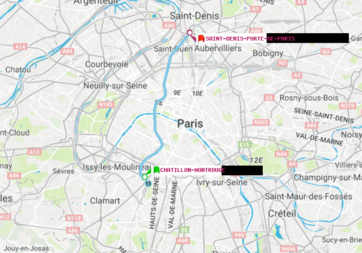 plan itinéraire ratp de Châtillon Montrouge à Saint-Denis-Porte de Paris