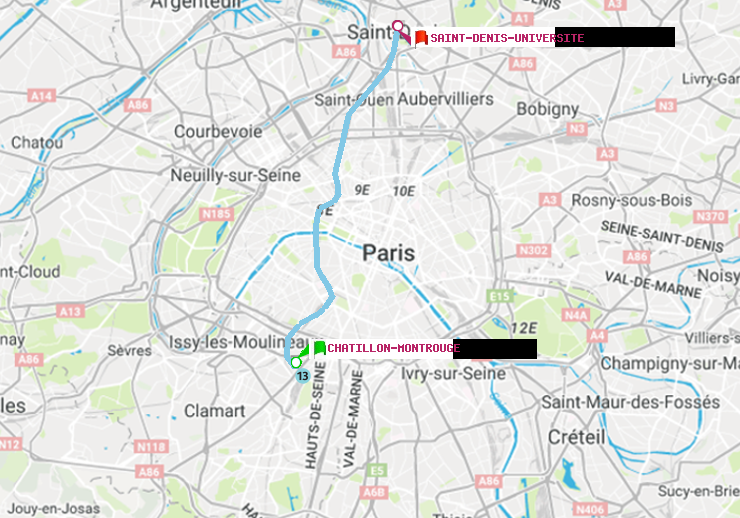 plan itinéraire ratp de Châtillon Montrouge à Saint-Denis-Universite