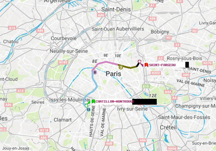 plan itinéraire ratp de Châtillon Montrouge à Saint-Fargeau
