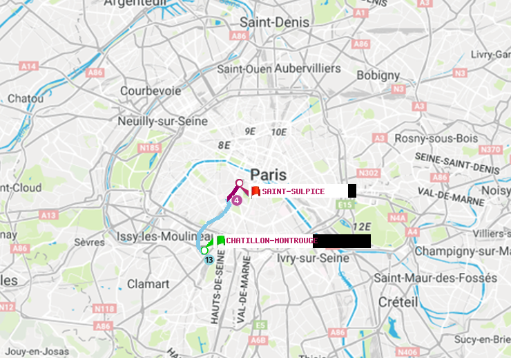 plan itinéraire ratp de Châtillon Montrouge à Saint-Sulpice