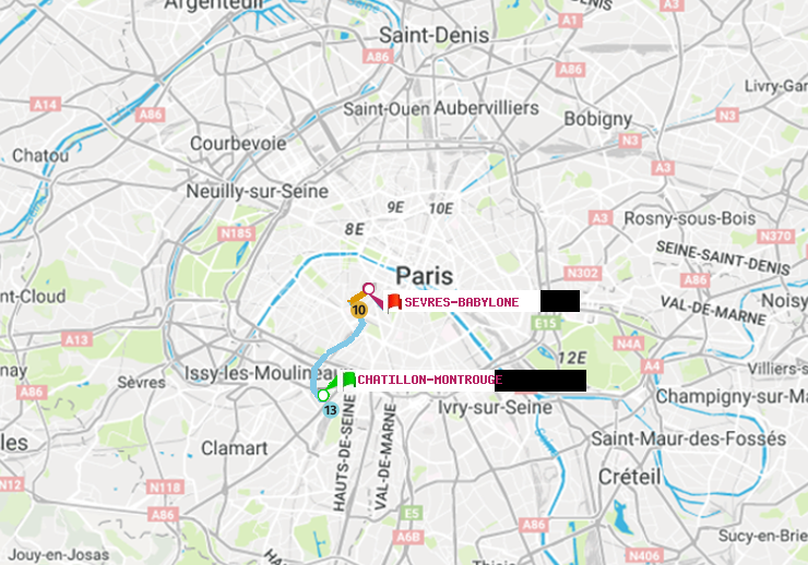 plan itinéraire ratp de Châtillon Montrouge à Sèvres-Babylone