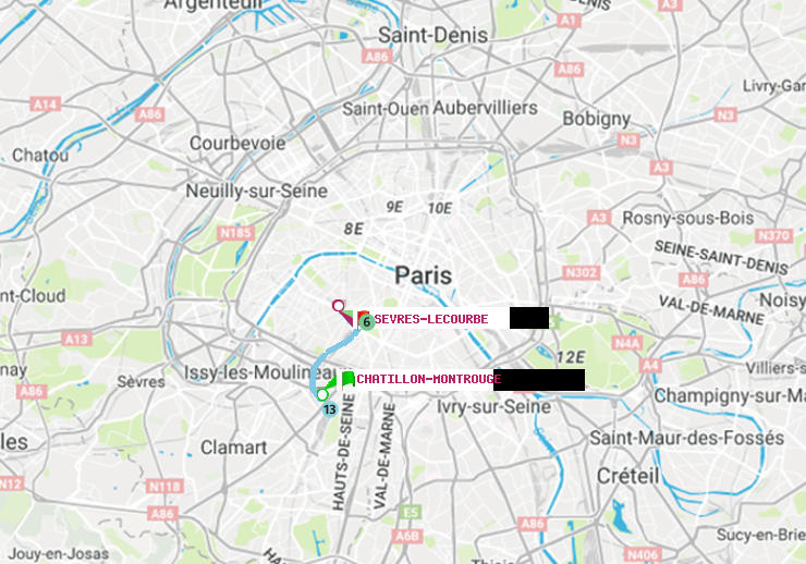 plan itinéraire ratp de Châtillon Montrouge à Sèvres-Lecourbe