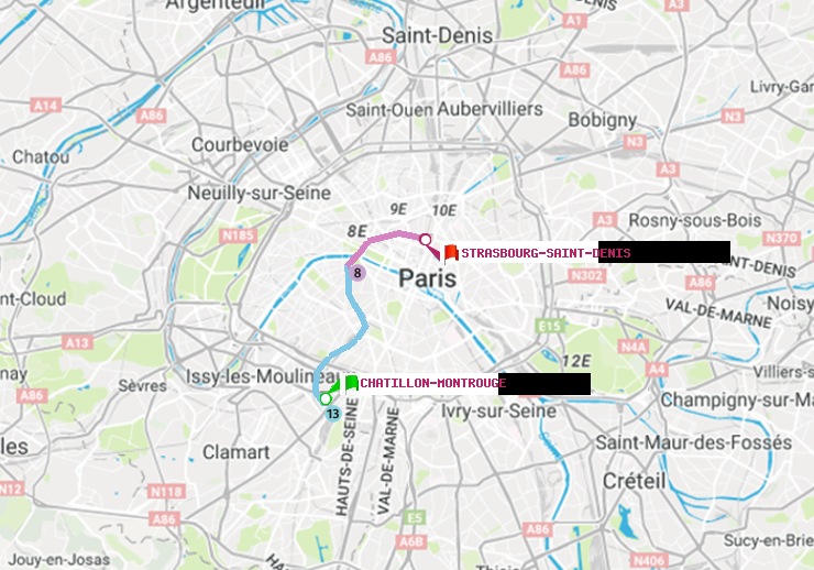 plan itinéraire ratp de Châtillon Montrouge à Strasbourg-Saint-Denis