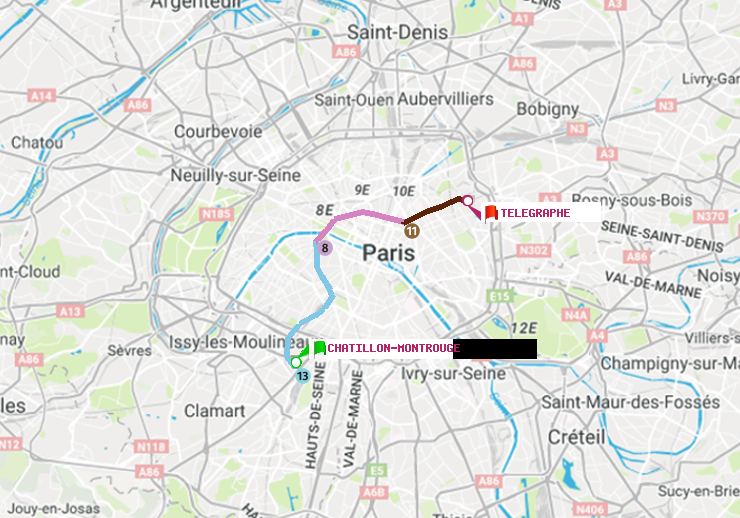 plan itinéraire ratp de Châtillon Montrouge à Telegraphe