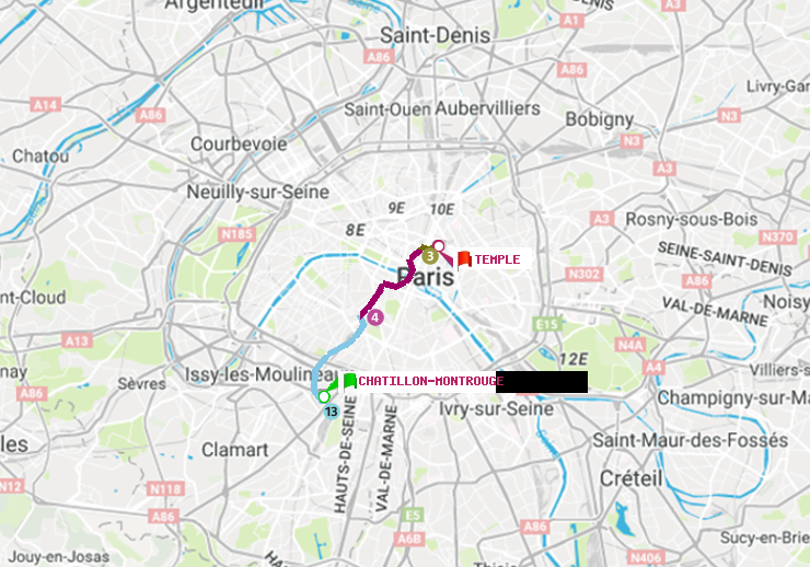 plan itinéraire ratp de Châtillon Montrouge à Temple