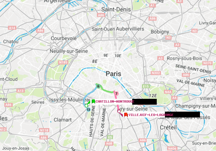 plan itinéraire ratp de Châtillon Montrouge à Villejuif-Léo Lagrange