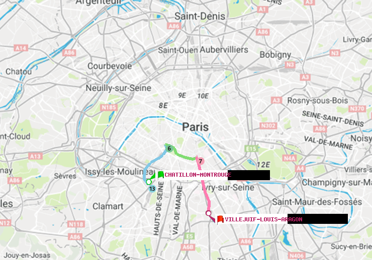 plan itinéraire ratp de Châtillon Montrouge à Villejuif-Louis Aragon
