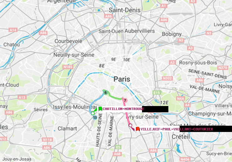 plan itinéraire ratp de Châtillon Montrouge à Villejuif-Paul Vaillant Couturier (Hôpital Paul Brousse)