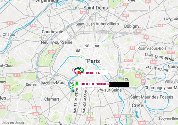 plan itinéraire ratp de Châtillon Montrouge à Volontaires
