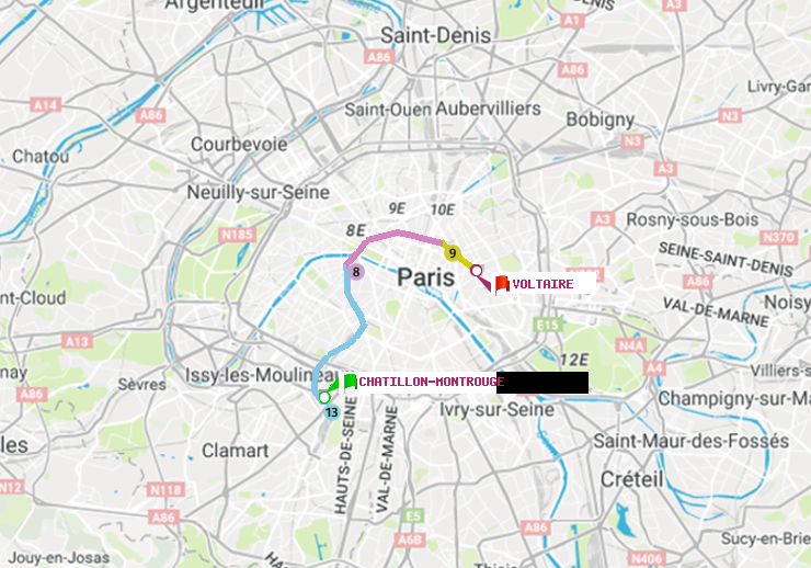 plan itinéraire ratp de Châtillon Montrouge à Voltaire (Léon Blum)