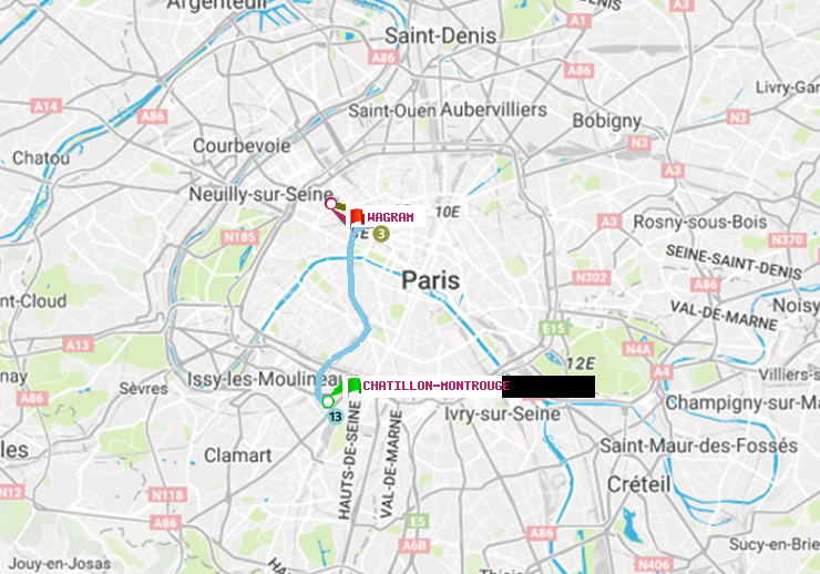 plan itinéraire ratp de Châtillon Montrouge à Wagram