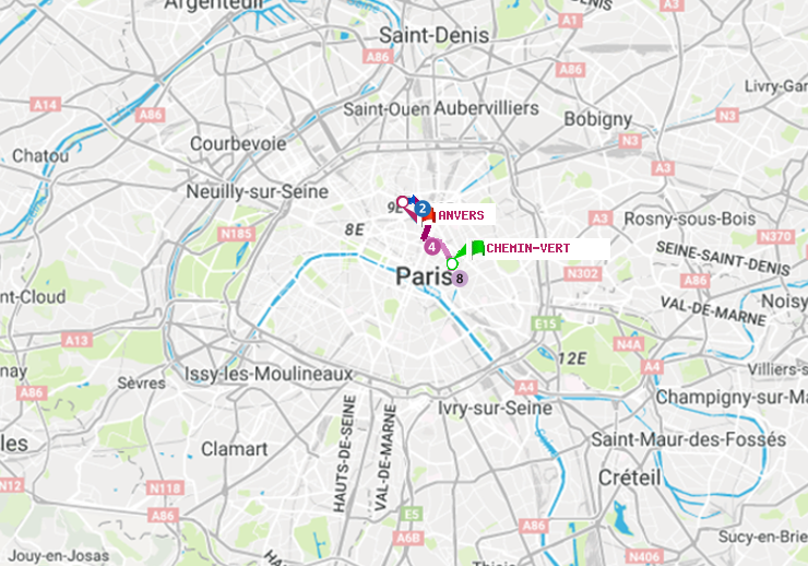 plan itinéraire ratp de Chemin Vert à Anvers