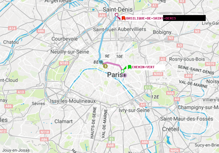 plan itinéraire ratp de Chemin Vert à Basilique de Saint-Denis