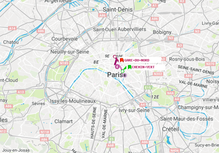 plan itinéraire ratp de Chemin Vert à Gare du Nord