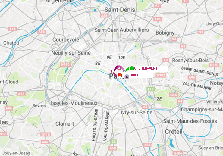 plan itinéraire ratp de Chemin Vert à Les Halles