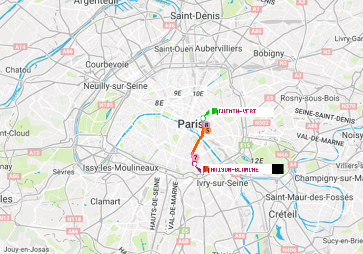 plan itinéraire ratp de Chemin Vert à Maison Blanche