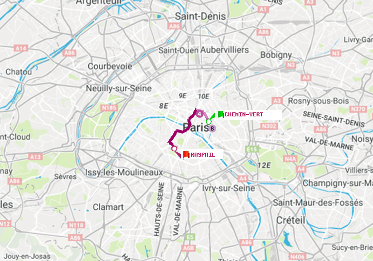 plan itinéraire ratp de Chemin Vert à Raspail