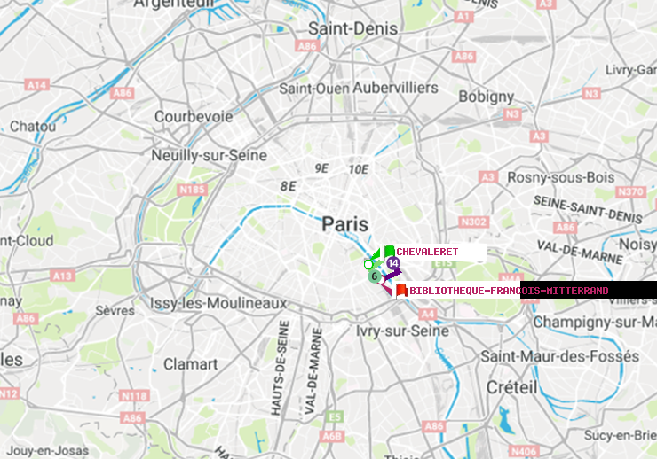 plan itinéraire ratp de Chevaleret à Bibliotheque-Francois Mitterrand